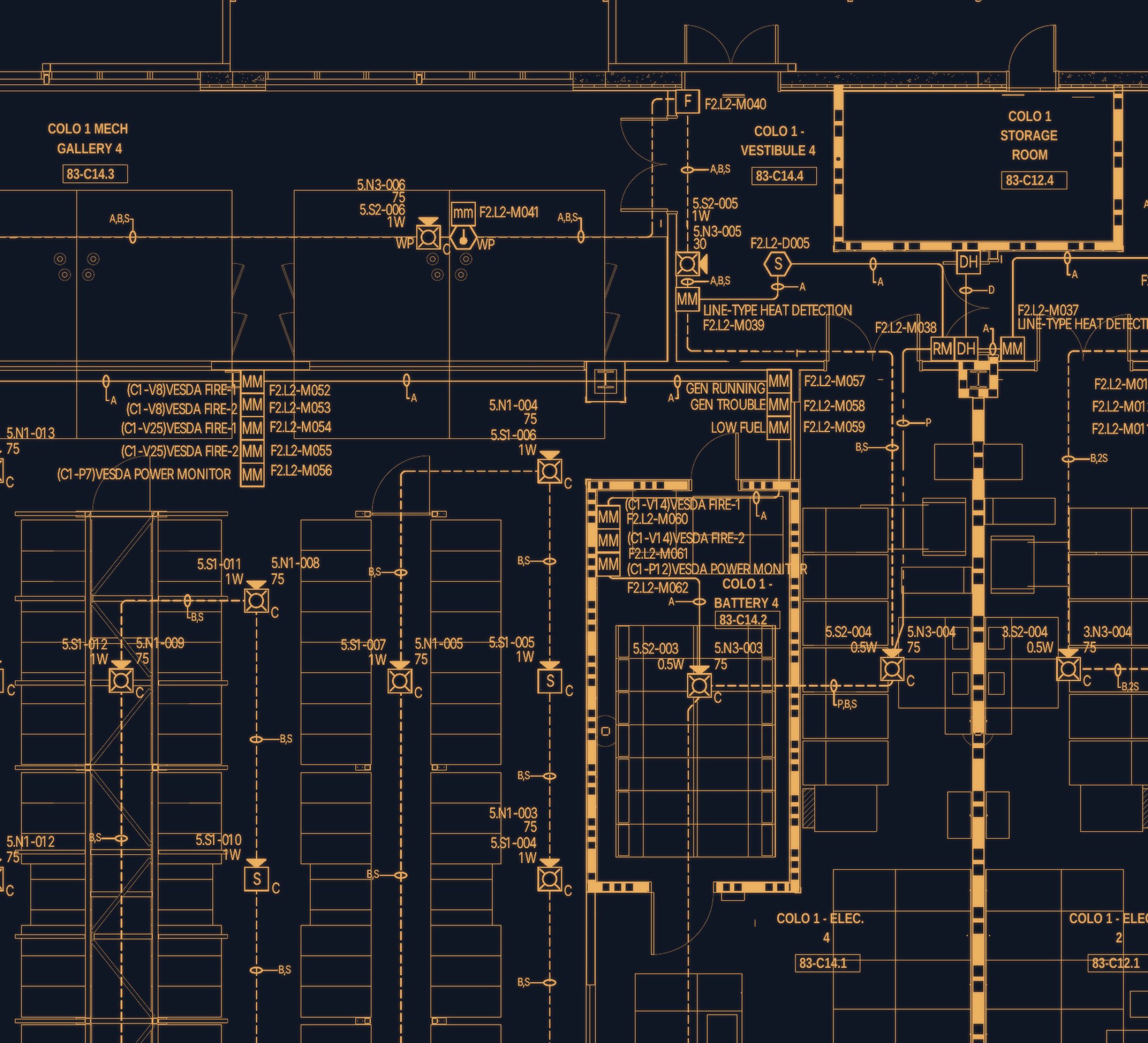 Data center fire alarm device layout, detectors and monitoring points