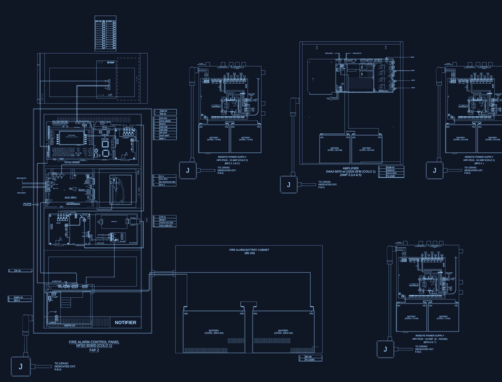 Fire alarm control panel, power supply and battery cabinet wiring diagram